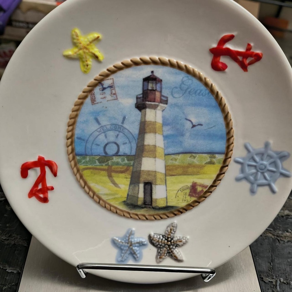 Nautical Lighthouse Seagull Ceramic Decorative Plates Set of 2 White Coastal